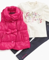 Keep her glamorous even in the cold with this girlie shirt, jegging and bubble vest 3-piece set from Calvin Klein.