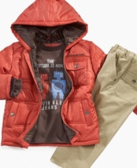 This 3 piece set by Calvin Klein includes a field jacket for your little boy to keep warm as he goes exploring new terrain, khaki pants to camouflage against the earth, and a cool looking t-shirt with robot graphics. He'll enjoy this set to go exploring new grounds often.