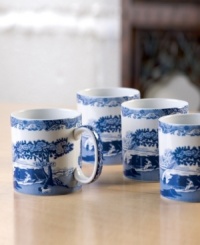 A charming rendition of the Italian countryside, the Blue Italian pattern is a beloved classic in tableware. This beautiful set of mugs features the famous blue and white design framed by an Imari border, inspired by Chinese porcelain.