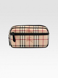 Signature check print pattern defines a travel essential with an exterior and interior zip pocket to secure all of your belongings.Zip closureExterior, interior zip pocketPVC11W x 6H x 4DMade in Italy