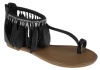 Capelli New York Leather T-Strap Sandal With Dangling Feather Trims A Sock Ladies Sandal