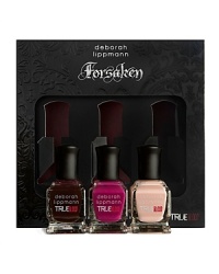 Completing the Forsaken series is Bad Things, a trio of mini nail lacquers. Bad Blood, a translucent black cherry, was inspired by the ever-so-sultry Pam. Strange Love, a vampy magenta, captures the character of the red-headed Jessica. No set would be complete without a Sookie-inspired shade, a bare nude called New Flesh.