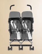 An all purpose, stylish and lightweight buggy for two with a high-performance aluminum frame and carry handle for easy storage and portability.Five second one-hand compact umbrella foldWeighs about 23 poundsMultiple seat position reclineRemovable