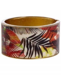 Infuse your look with the bold colors and exotic prints of Brasil. Crafted in gold tone mixed metal Haskell's Palm bangle features brown, red and green palm leaf details and a hinge clasp. Approximate diameter: 2-1/2 inches. Approximate length: 8 inches. Item comes packaged in an orange gift box.