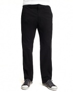 Flat front, straight leg pants in a soft stretch twill. Front side pockets and back welt pockets. Zip fly, tab closure.