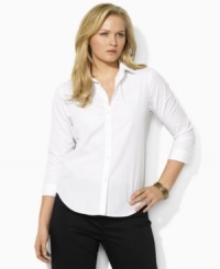 Plus size fashion that is chic and ultra-feminine. The Aaron shirt from Lauren by Ralph Lauren's collection of plus size clothes is smartly tailored in crisp, wrinkle-resistant cotton poplin for easy wear.