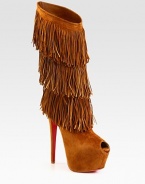 A towering platform silhouette of buttery suede, with playful layered fringe for movement with every step. Self-covered heel, 6¼ (155mm)Hidden platform, 2½ (65mm)Compares to a 3¾ heel (95mm)Shaft, 11¼Leg circumference, 16Suede upperLeather liningSignature red leather solePadded insoleMade in Italy