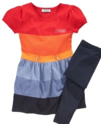 Dressing your little one is a breeze with this matching striped dress and legging set by Guess.