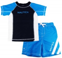 Nautica Boys sizes 4-7 Navy Blue Print Rash Guard Swim Top with Shorts 2 Pc Set