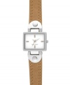 Smooth and modern, this Nine West watch dresses up or down for any occasion. Crafted of brown leather strap and rectangular silver tone case. White dial features silver tone applied stick indices, hour and minute hands, sweeping second hand and logo at six o'clock. Quartz movement. Limited lifetime warranty.