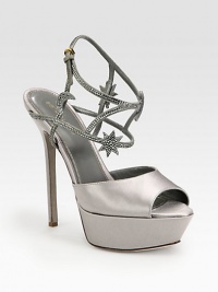 EXCLUSIVELY AT SAKS. Light-catching Swarovski crystals add sparkle to this towering silhouette, pairing luxe satin with buttery suede. Self-covered heel, 5½ (140mm)Covered platform, 1½ (40mm)Compares to a 4 heel (100mm)Satin and suede upperSuede adjustable ankle strapLeather lining and solePadded insoleMade in Italy