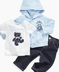 He'll be as cute as the stuffed animals he cuddles with this darling teddy bear shirt, pant and hoodie 3-piece set from Guess.