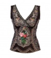 Flattering Fit Black V-Neck Top Created by Michal Negrin Fashioned with Victorian Floral and Lace Like Pattern, Lace and Velvet Trim and Swarovski Crystal Accents - Size M