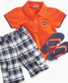 Suiting up for the surf won't be a problem thanks to this polo shirt, plaid shorts and sandals set from Kids Headquarters.