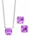 A fun and colorful update to your wardrobe, this matching pendant and earrings set features cushion-cut pink amethyst (5 ct. t.w.) set in sterling silver. Approximate length: 18 inches. Approximate drop (pendant): 1/4 inch. Approximate drop (earrings): 1/4 inch.