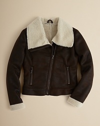 A distressed faux-leather shell and cool faux-fur trims bring this classic bomber jacket to life.