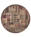 The round shape of this rug creates a distinctive look. A modern design of animated beauty, this rug renders columns in an abstract collage of rectangles accented with graceful curvilinear details. A cool green palette is tinged with warm hues of brown. Woven of premium Opulon™ yarns to create a lavish pile with a rich, color-enhancing finish.