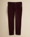 True Religion trots out a class skinny jean updated with a rich, over-dye wash and alluring accents of sparkling glitter.