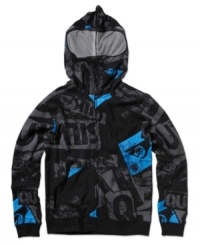 Fly style. He'll love the cool look of this hoodie from Quiksilver, which zips all the way up the hood, with see-through mesh on the hood.