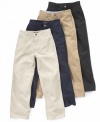 The versatility of twill makes this Nautica pant a stylish dress-up choice with a crisp fit, but the feel is soft and casual all the way. A great addition to his school uniform wardrobe.