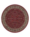 A larger-diameter round ideal for great rooms and other open spaces. Inspired by the lovely Sarouk carpets of ancient Persia, this rug features an intricate floral motif in ivory, sage green and accents of soft blue against a rich red ground.