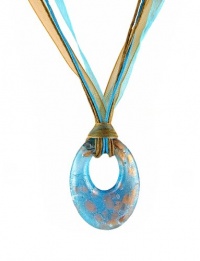 Necklace - N110 - Murano Glass Style - Open Oval Shape ~ Aqua, Copper and Silver hung on 5 Strand Organza and Cotton Cord + 2 Extension Chain