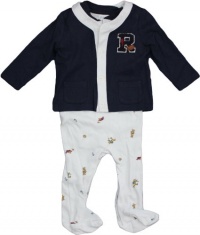 Ralph Lauren Layette 3 Piece Rugby Bear Print Knit Set (9 Month, Frech Navy)