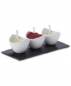 A beautiful couple. Glossy white porcelain is paired with rustic slate in this striking serveware set from Maxwell & Williams. Three shapely bowls with spoons encourage variety on your menu.