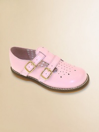 English-style leather classics, perfect for school, play and partywear. Twin T-straps with adjustable buckles Perforations on toe Padded insole Rubber traction sole Leather Imported Please note: It is recommended that you order ½ size smaller than measured. If your child measures a size 7.0, you may want to order a 6½. 