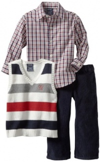 Izod Kids Boys 2-7 Striped Sweater Vest Plaid Shirt and Pant 3 Piece Set, Ivory, 4T/4 Regular