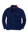 Sporty mockneck sweatshirt in substantial ribbed cotton, sueded for an ultra-soft hand and cozy feel.