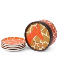 Stick your neck out with giraffe-patterned Safari coasters. Gold-banded orange and brown spots adorn high-fired porcelain from Jonathan Adler.