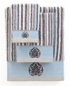 Sweet serenity. Offering a romantic and elegant composition for your bath space, this Aquarelle Embroidery washcloth features beautiful stripes in soft blue hues. Embellished with subtle embroidery along the hem.