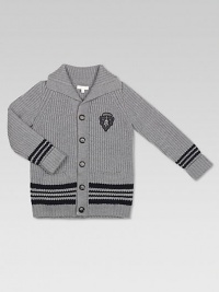 Classic cardigan with shawl collar, rendered in extra-fine merino wool with contrasting stripes and Gucci crest patch.Shawl collarLong sleevesButton-frontFront patch pocketsRibbed cuffs and hemMerino woolDry cleanMade in Italy Please note: Number of buttons may vary depending on size ordered. 