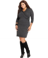 Freshen your style for the season with AGB's plus size sweater dress, featuring a chic wrap front.