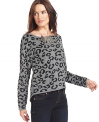 NY Collection's sweater goes contemporary with a high-low hem and an intarsia-style leopard pattern.