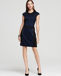 Anne Klein reinvents a classic cap sleeve dress with modern color blocking and edgy exposed-zip details.