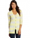 Magaschoni Women's 100% Cashmere Striped Cardigan, Icy Lemon/Moonlight Mouline, Large