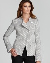 Punch up your office repertoire with this asymmetric Rachel Zoe jacket boasting a dotted texture and modern Mandarin collar. The boardroom just got a little bolder.