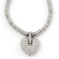 Rhodium Plated Swarovski Crystal Puffed Heart Necklace - 38cm Length/ 7cm Extension