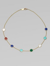 From the Polished Rock Candy Collection. Hexagonal discs in five richly colored semiprecious stones are framed in gold and spaced along a delicate gold chain.Mother-of-pearl, lapis, gold green agate, dyed red agate and turquoise18k yellow goldLength, about 18Lobster claspImported