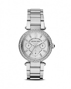 Statement style in a subtle size that is wholly feminine. MICHAEL Michael Kors perfects practical accessorizing with this stainless steel watch boasting multifunction movement and a glitzy bezel.