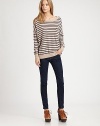 Finished with dropped shoulders and a slouchy shape, this cashmere boatneck has allover stripes that pair perfectly with your favorite skinny jeans. BoatneckDropped shouldersLong sleevesSingle front patch pocketRibbed cuffs and hemCashmereDry cleanImportedModel shown is 5'10 (177cm) wearing US size Small. Additional Information Women's Premier Designer & Contemporary Size Guide 