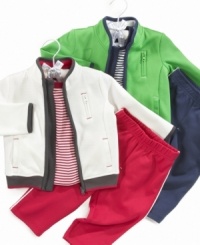 Dress him up in winning style with this cute track jacket, pants and tee set by First Impressions.