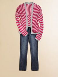 Brilliant, contrasting stripes brighten up an open-front cardigan for warmth and style.Waterfall frontLong sleevesPull-on styleRayonMachine washImported