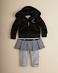 Juicy Couture's goes for a scholastic layered look, with a cute uniform-style pleated skirt attached to the leggings, matched with a classic velour hoodie.