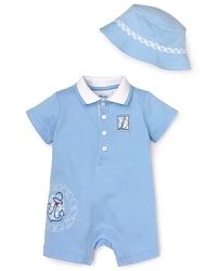 Getting him dressed is smooth sailing with the easy-on (and so cute!) Blue Seas romper featuring sailboat and anchor embroidery. Keep the sun off his head and face with the matching hat.