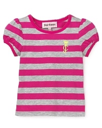 Juicy Couture updates their logo tee with thick nautical stripes, puff sleeves and slim scallop trim.