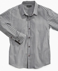 Pair this Sean John button-up shirt with a fresh set of denim. Plaid for style, velvet for refinement.