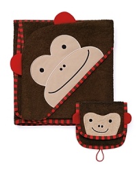 Crafted from soft cotton terry cloth, the large hooded towel and coordinating monkey bath mitt wraps baby in cozy comfort during and after bath time.